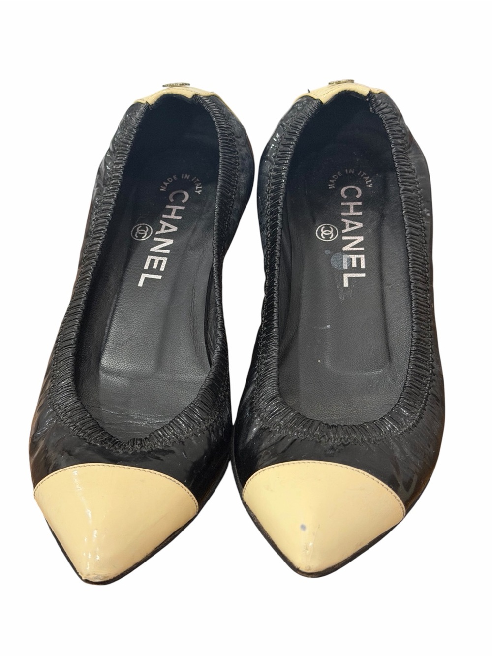 CHANEL Black Patent Leather Beige Cap Toe Ballet Flats Shoes Size 35 - Picture 7 of 16